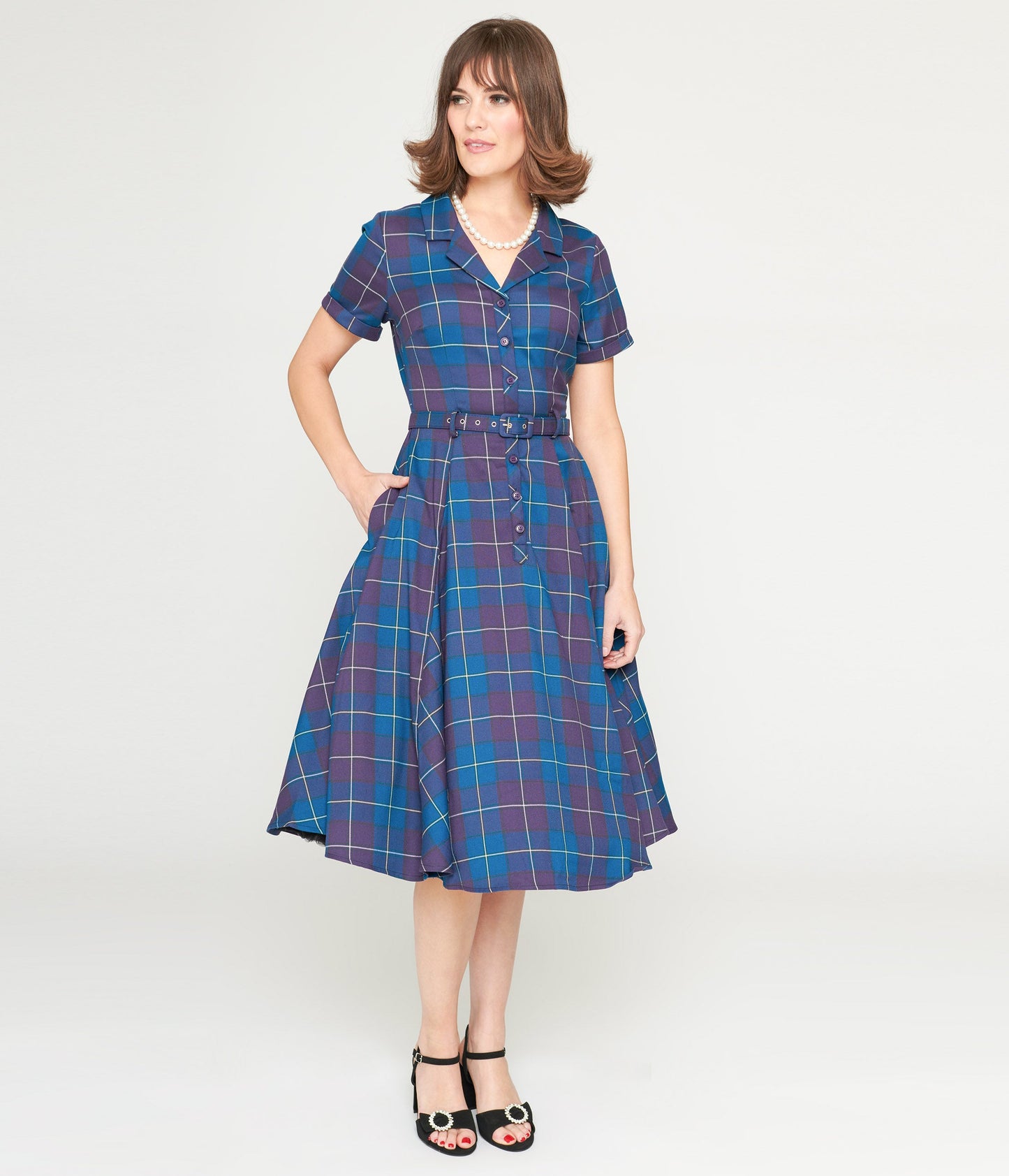 Collectif Teal & Purple Checkered Caterina Swing Dress - Unique Vintage - Womens, DRESSES, SWING