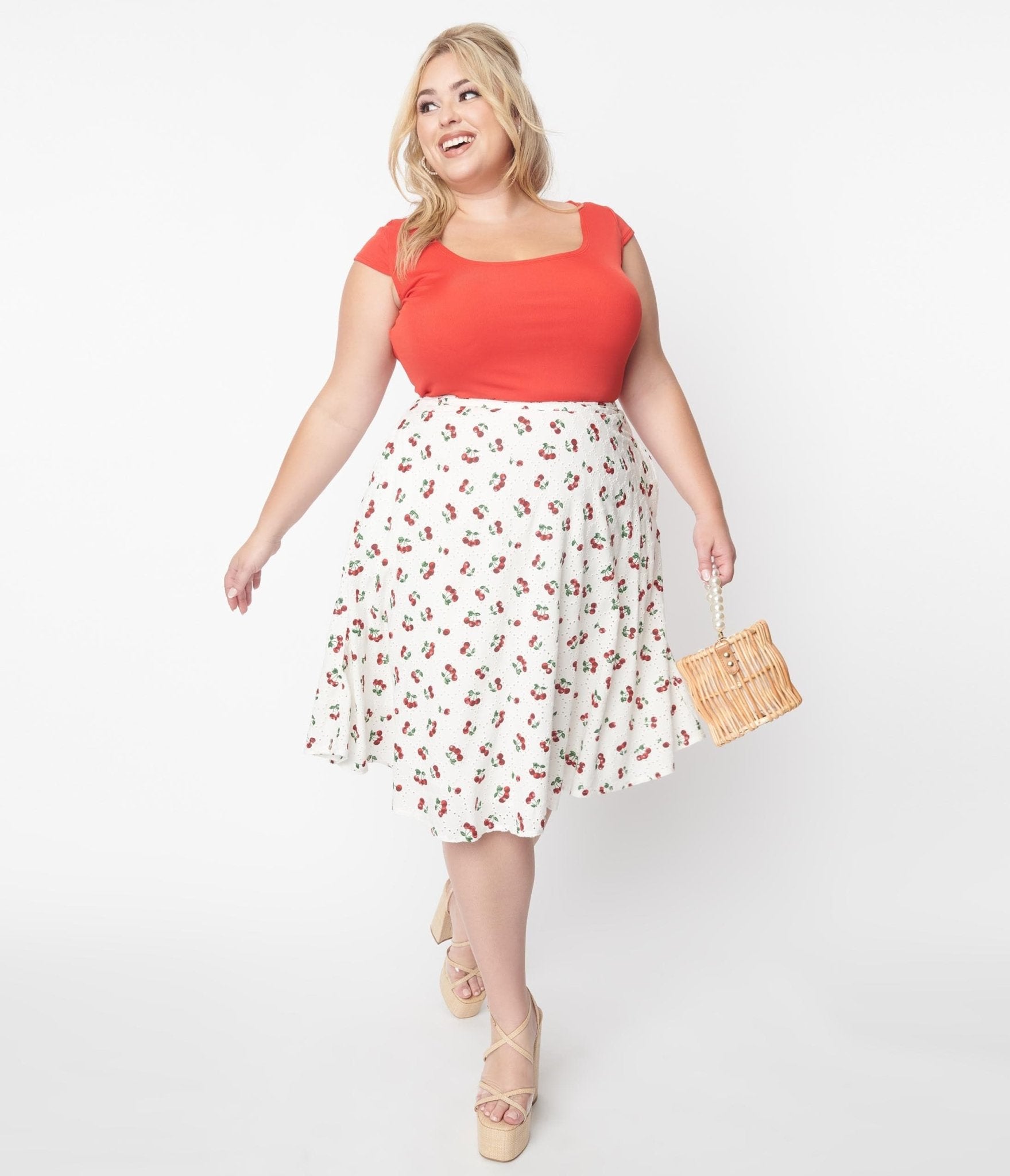 Collectif White & Red Cherry Mattie Broderie Swing Skirt - Unique Vintage - Womens, BOTTOMS, SKIRTS