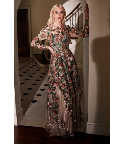 Copper Floral Sequin Savannah Gown - Unique Vintage - Womens, DRESSES, PROM AND SPECIAL OCCASION