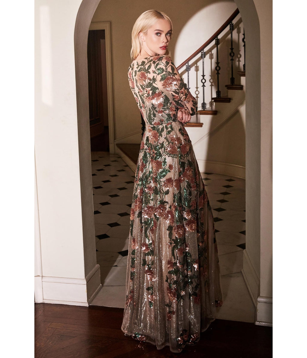 Copper Floral Sequin Savannah Gown - Unique Vintage - Womens, DRESSES, PROM AND SPECIAL OCCASION
