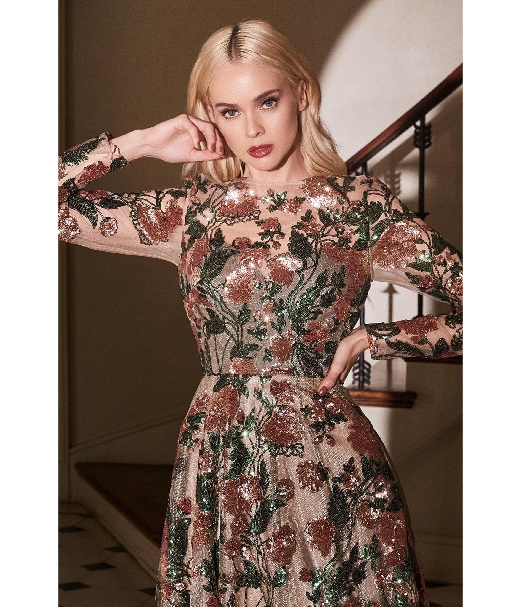Copper Floral Sequin Savannah Gown - Unique Vintage - Womens, DRESSES, PROM AND SPECIAL OCCASION