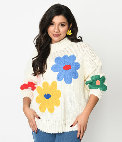 Cream & 3D Multicolor Floral Knit Pullover - Unique Vintage - Womens, TOPS, SWEATERS