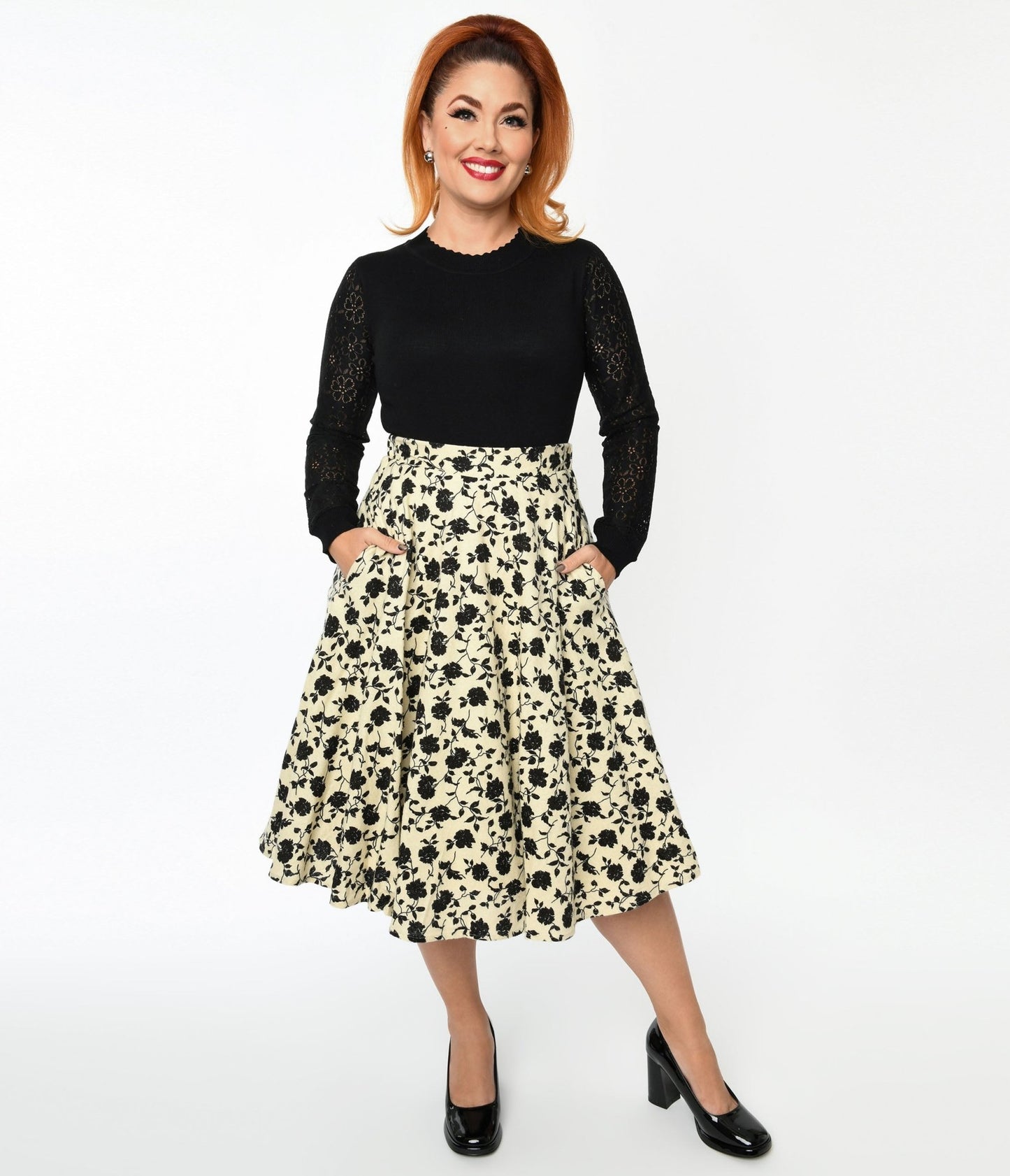 Cream & Black Floral Swing Skirt - Unique Vintage - Womens, BOTTOMS, SKIRTS