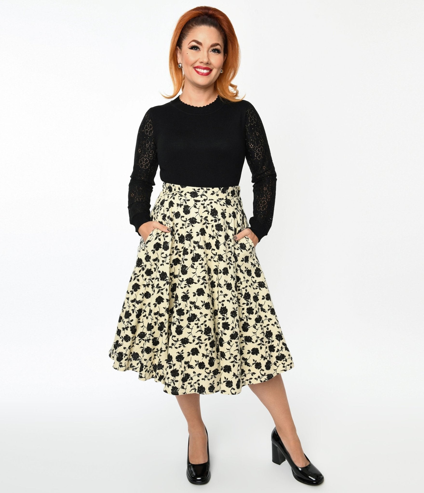 Cream & Black Floral Swing Skirt - Unique Vintage - Womens, BOTTOMS, SKIRTS