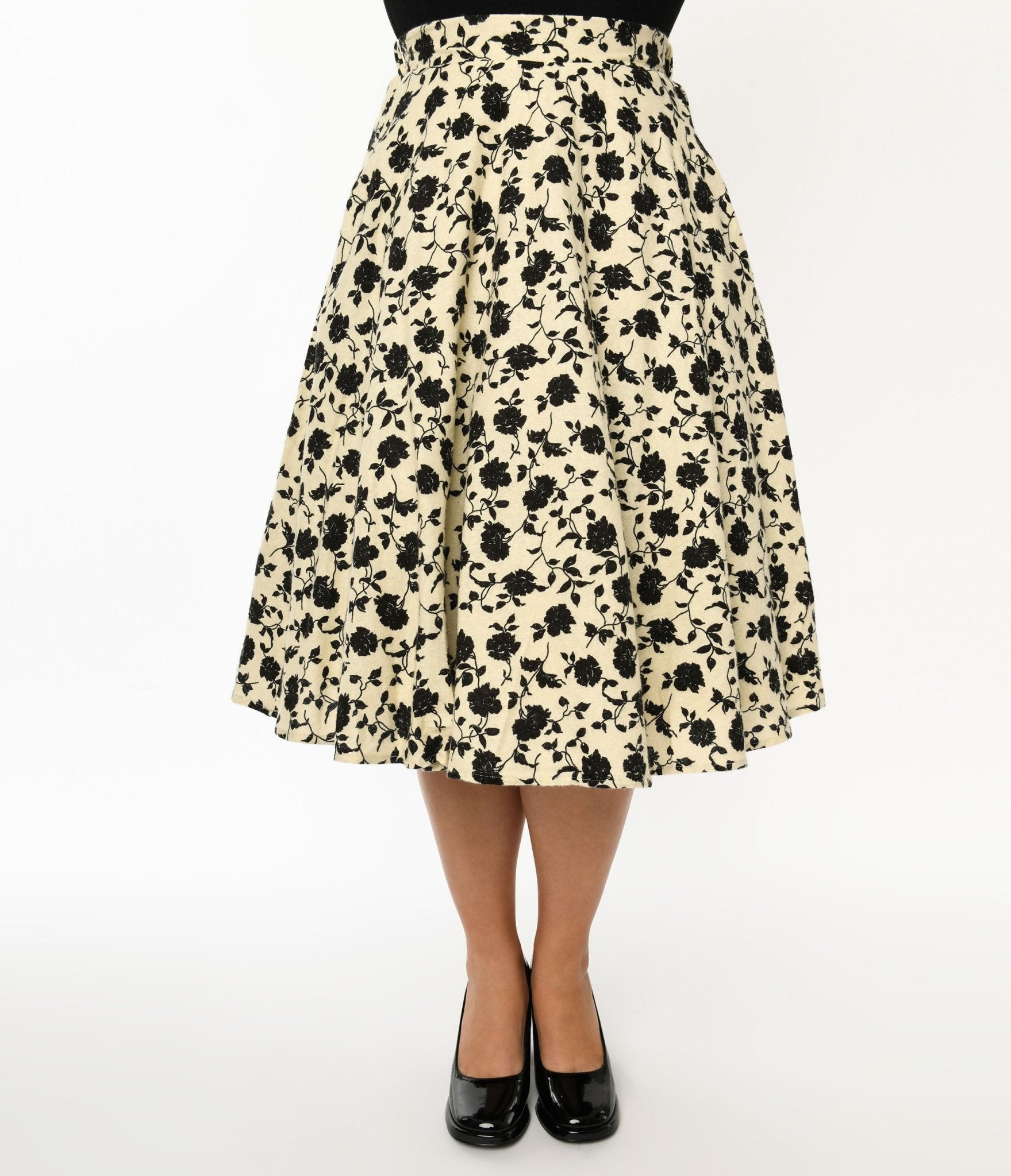 Cream & Black Floral Swing Skirt - Unique Vintage - Womens, BOTTOMS, SKIRTS