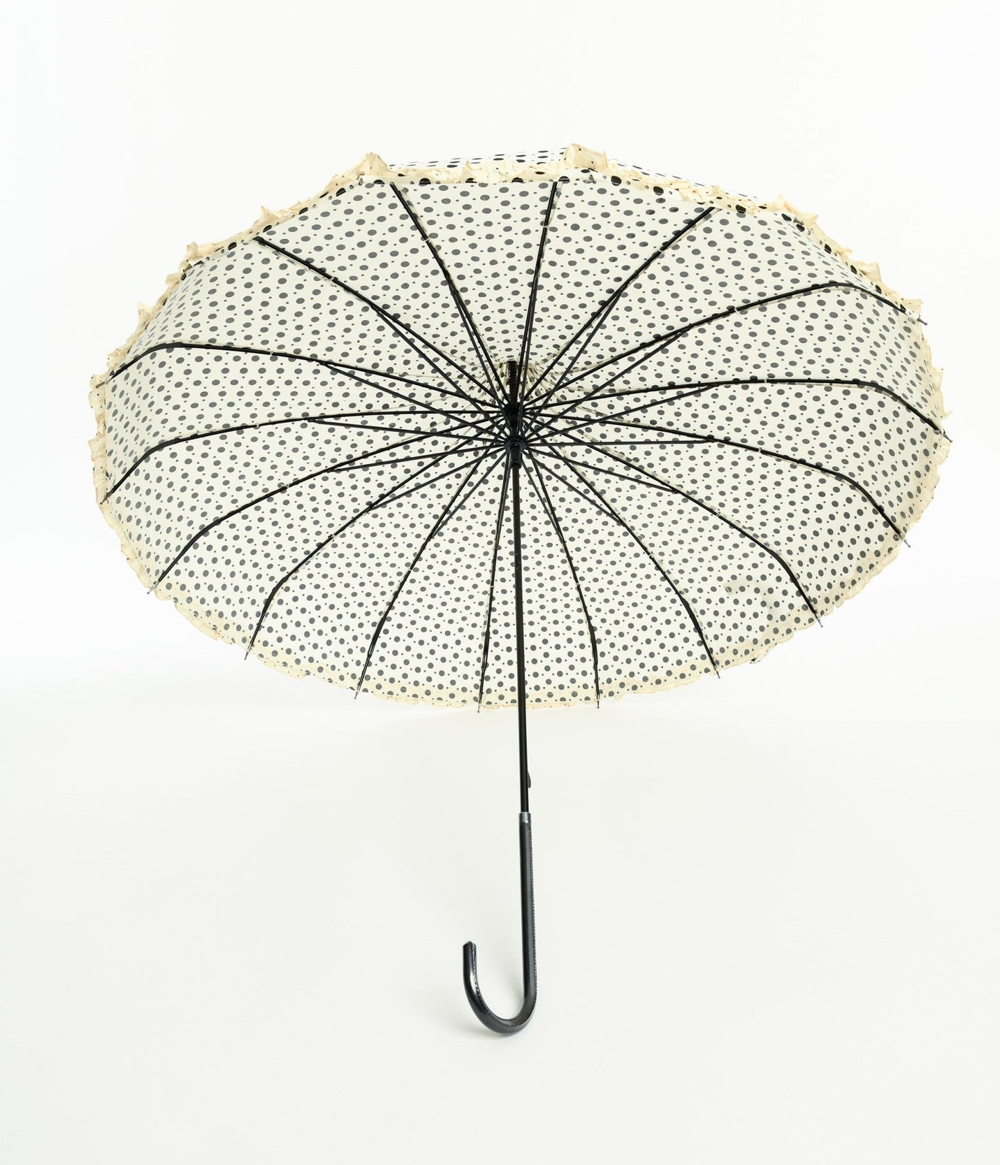 Cream & Black Sparkle Dot Frilled Pagoda Umbrella - Unique Vintage - Womens, ACCESSORIES, UMBRELLAS