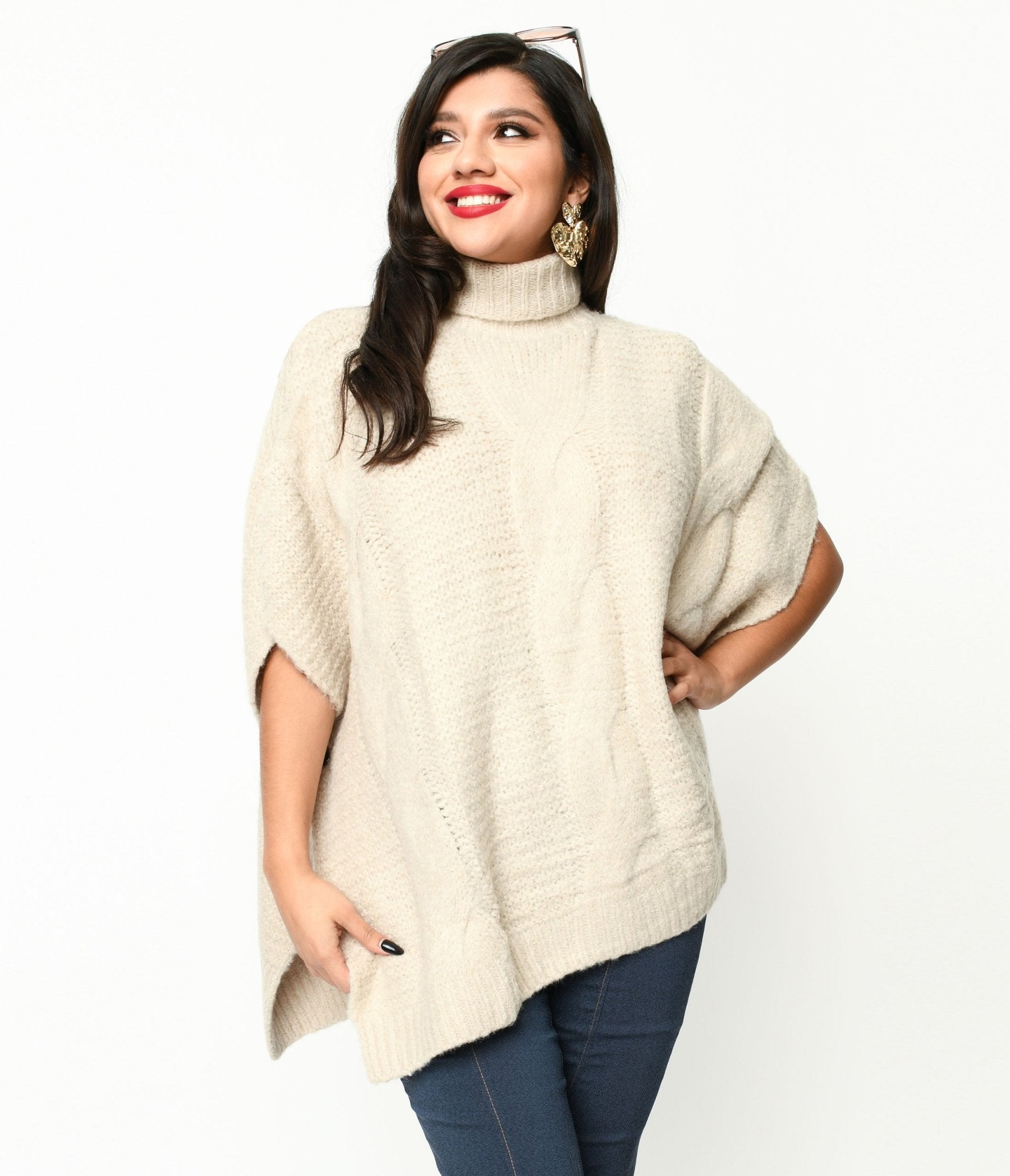 Cream Cable Knit Turtle Neck Sweater - Unique Vintage - Womens, TOPS, SWEATERS