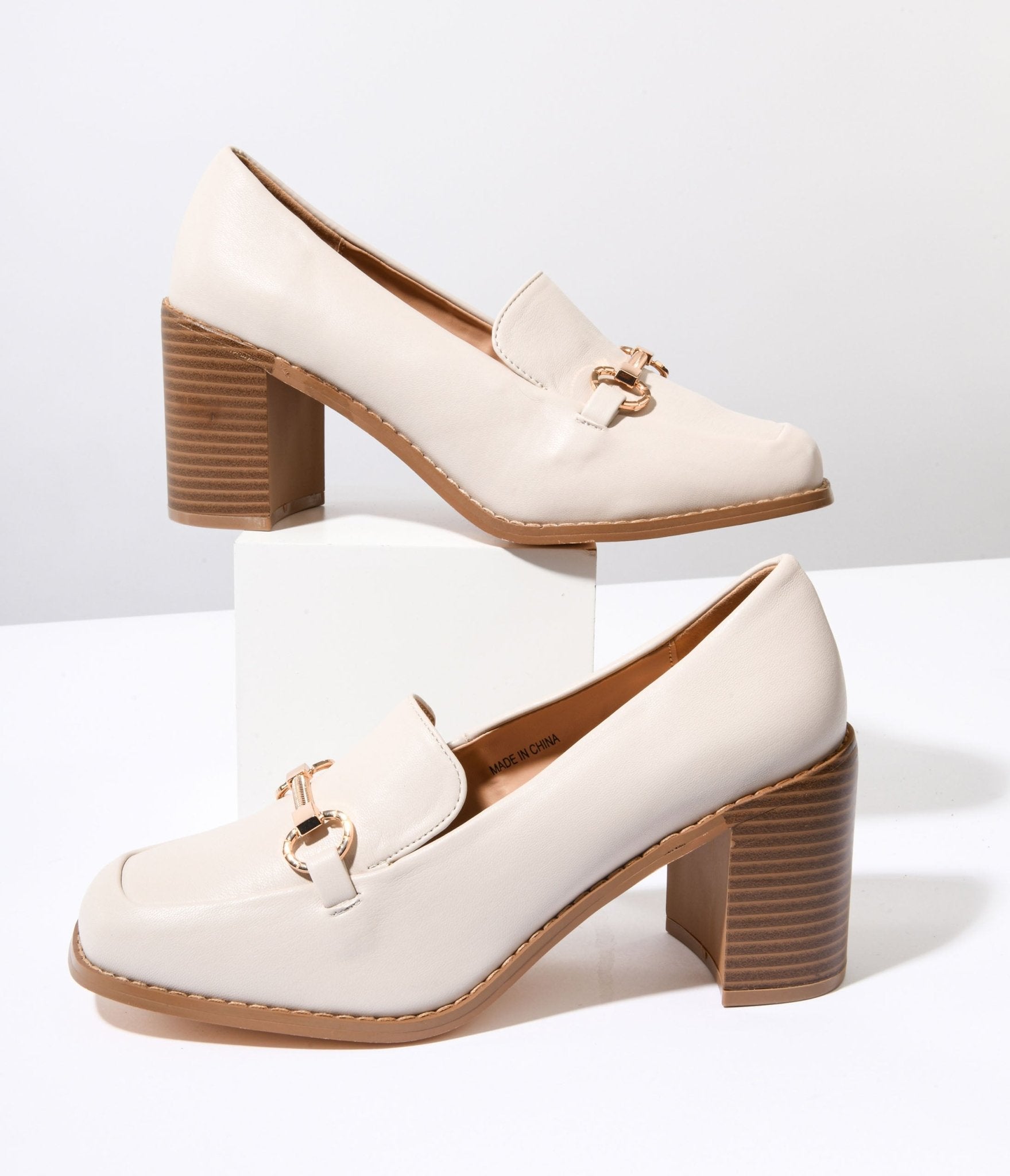 Cream Leatherette Block Heel Loafers - Unique Vintage - Womens, SHOES, LOAFERS