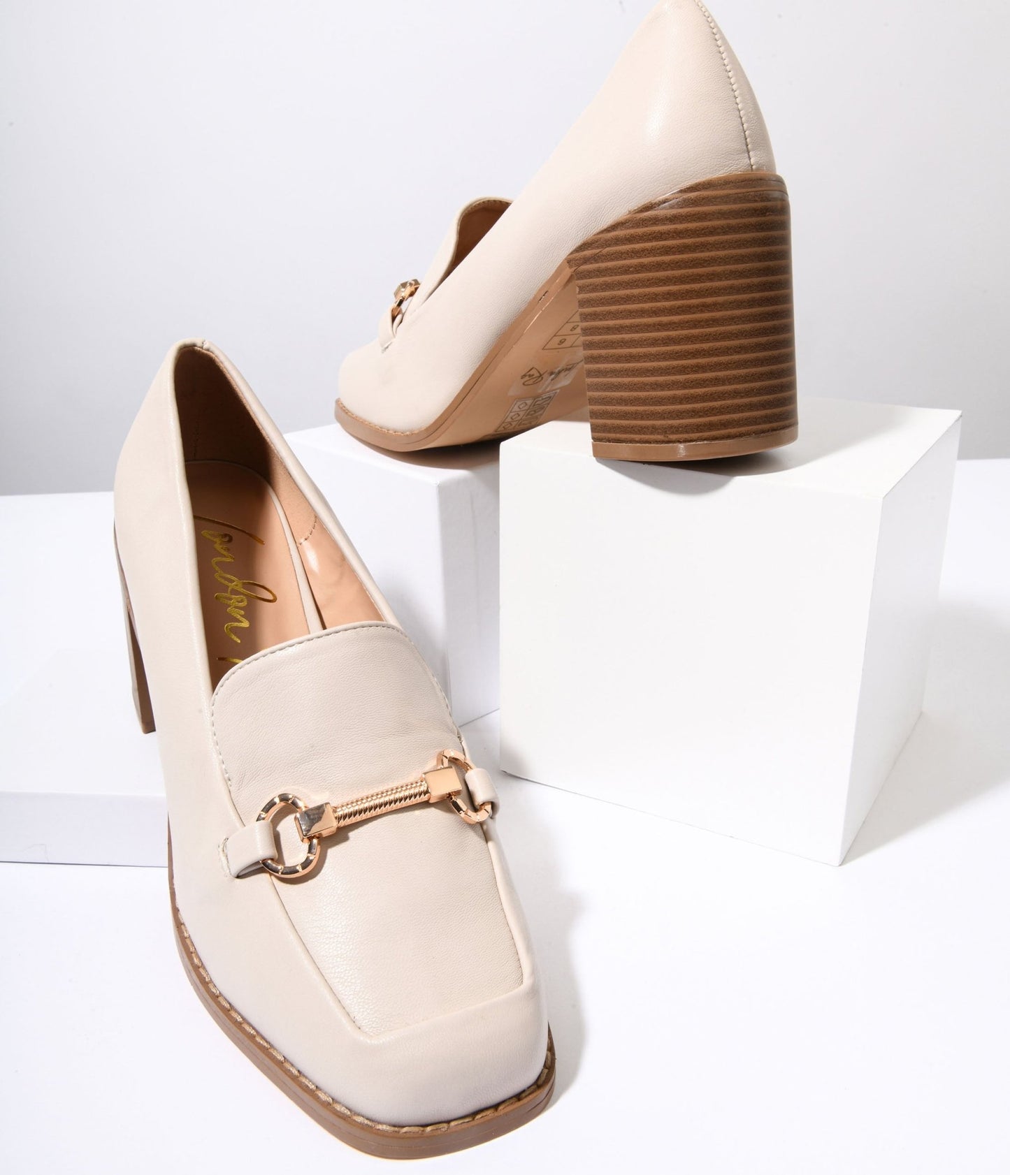 Cream Leatherette Block Heel Loafers - Unique Vintage - Womens, SHOES, LOAFERS