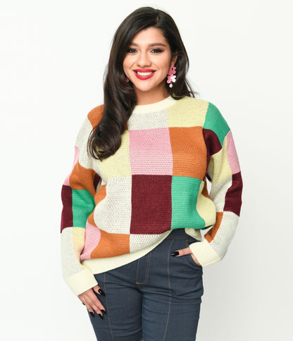 Cream & Multicolor Color Block Checker Sweater - Unique Vintage - Womens, TOPS, SWEATERS