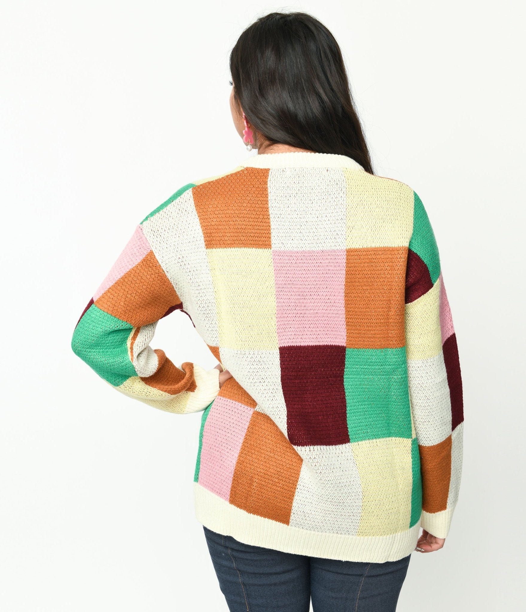 Cream & Multicolor Color Block Checker Sweater - Unique Vintage - Womens, TOPS, SWEATERS