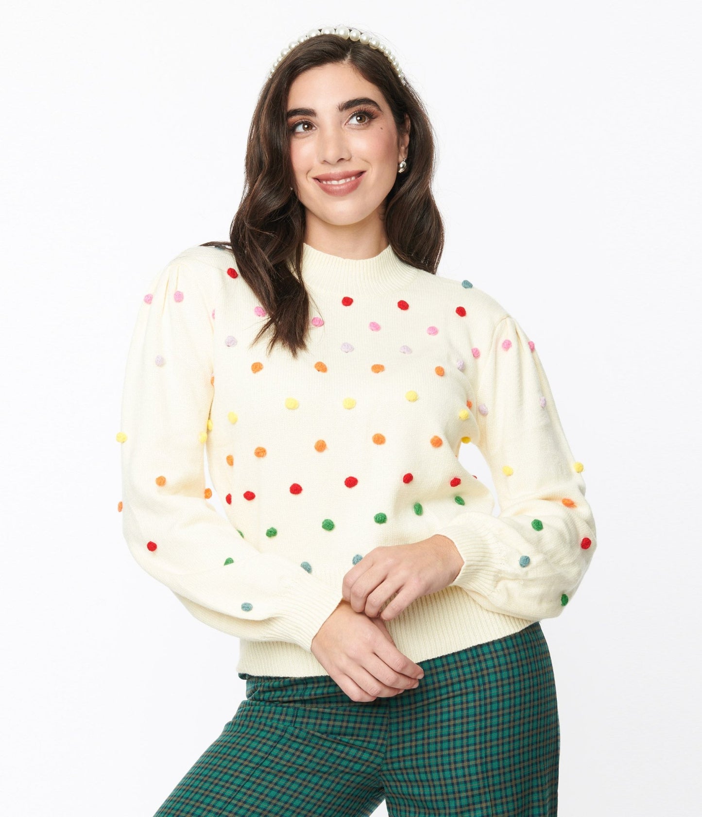 Cream & Rainbow Dots Sweater - Unique Vintage - Womens, TOPS, SWEATERS