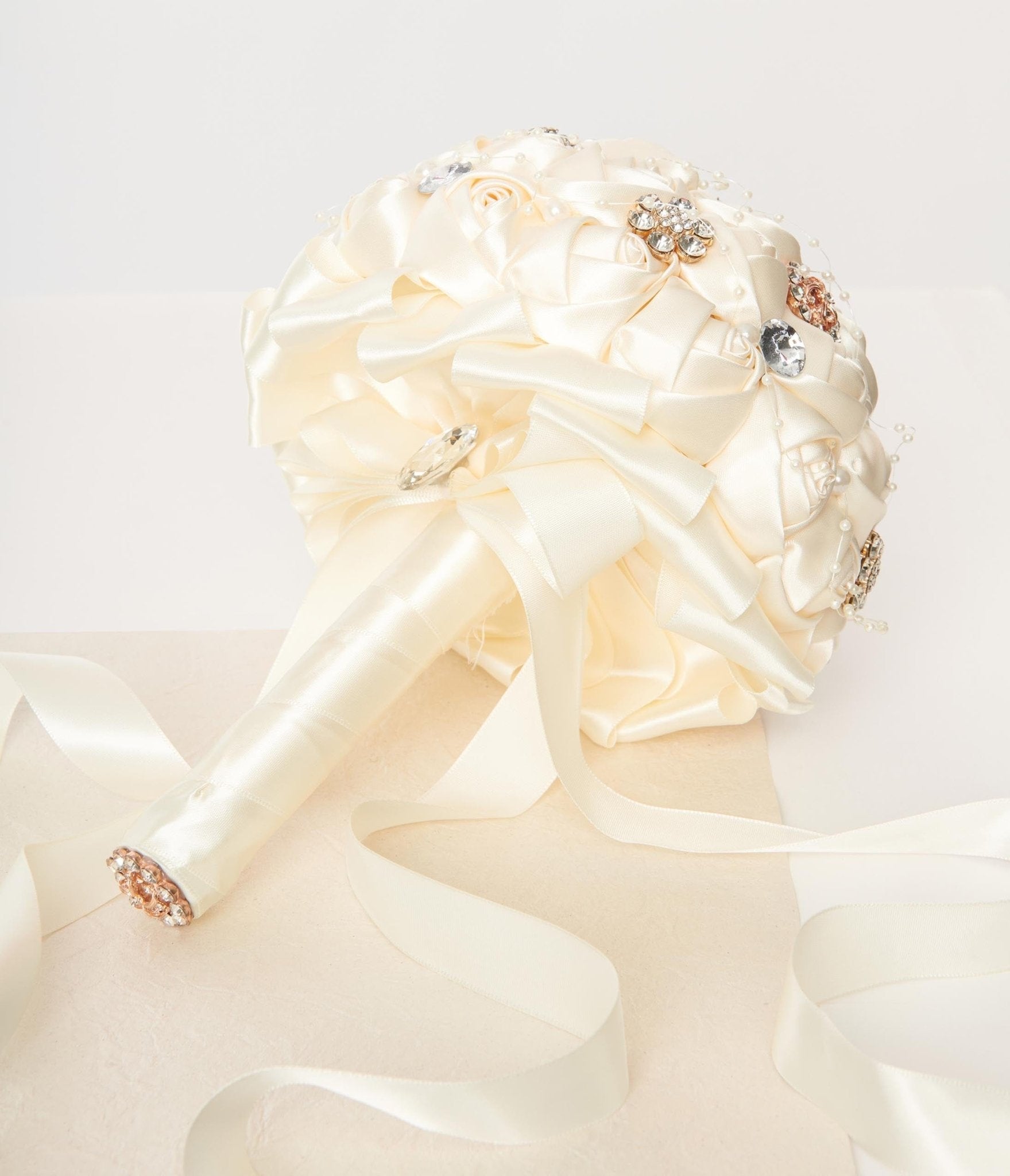 Cream Satin Floral & Rhinestone Bridal Bouquet - Unique Vintage - Womens, ACCESSORIES, GIFTS/HOME