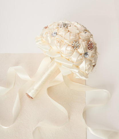 Cream Satin Floral & Rhinestone Bridal Bouquet - Unique Vintage - Womens, ACCESSORIES, GIFTS/HOME