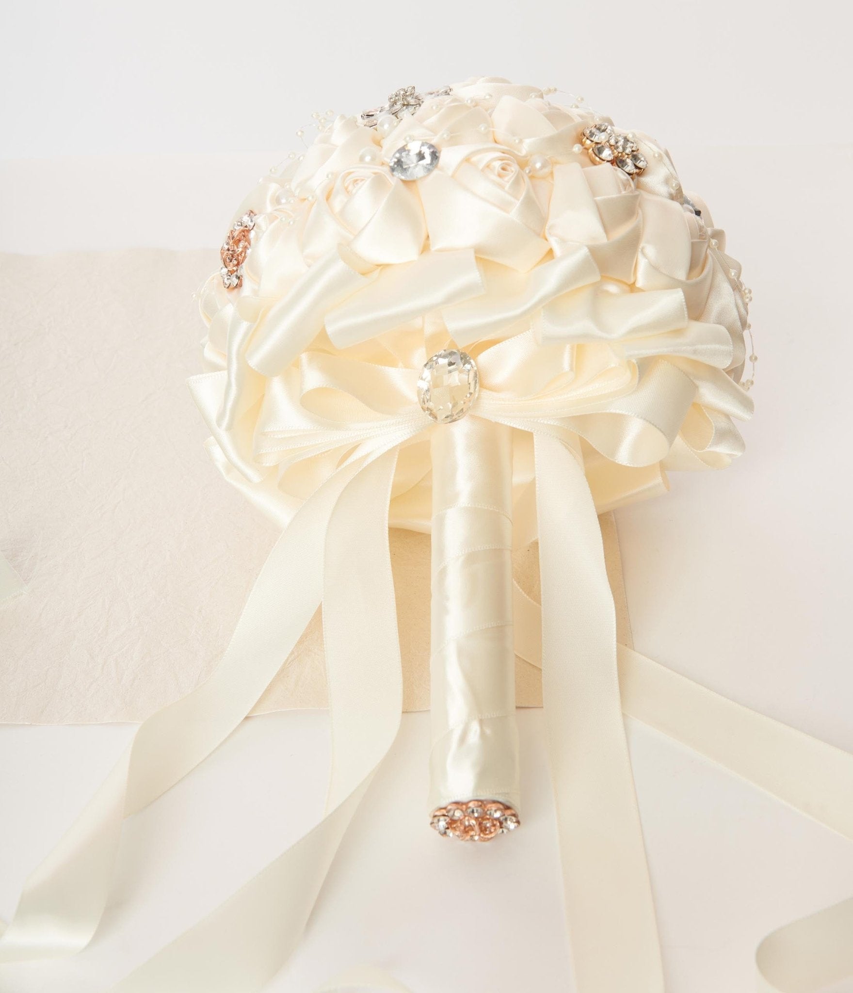 Cream Satin Floral & Rhinestone Bridal Bouquet – Unique Vintage