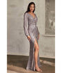 Cinderella Divine  Dark Silver Sequin Long Sleeve Slit Evening Gown