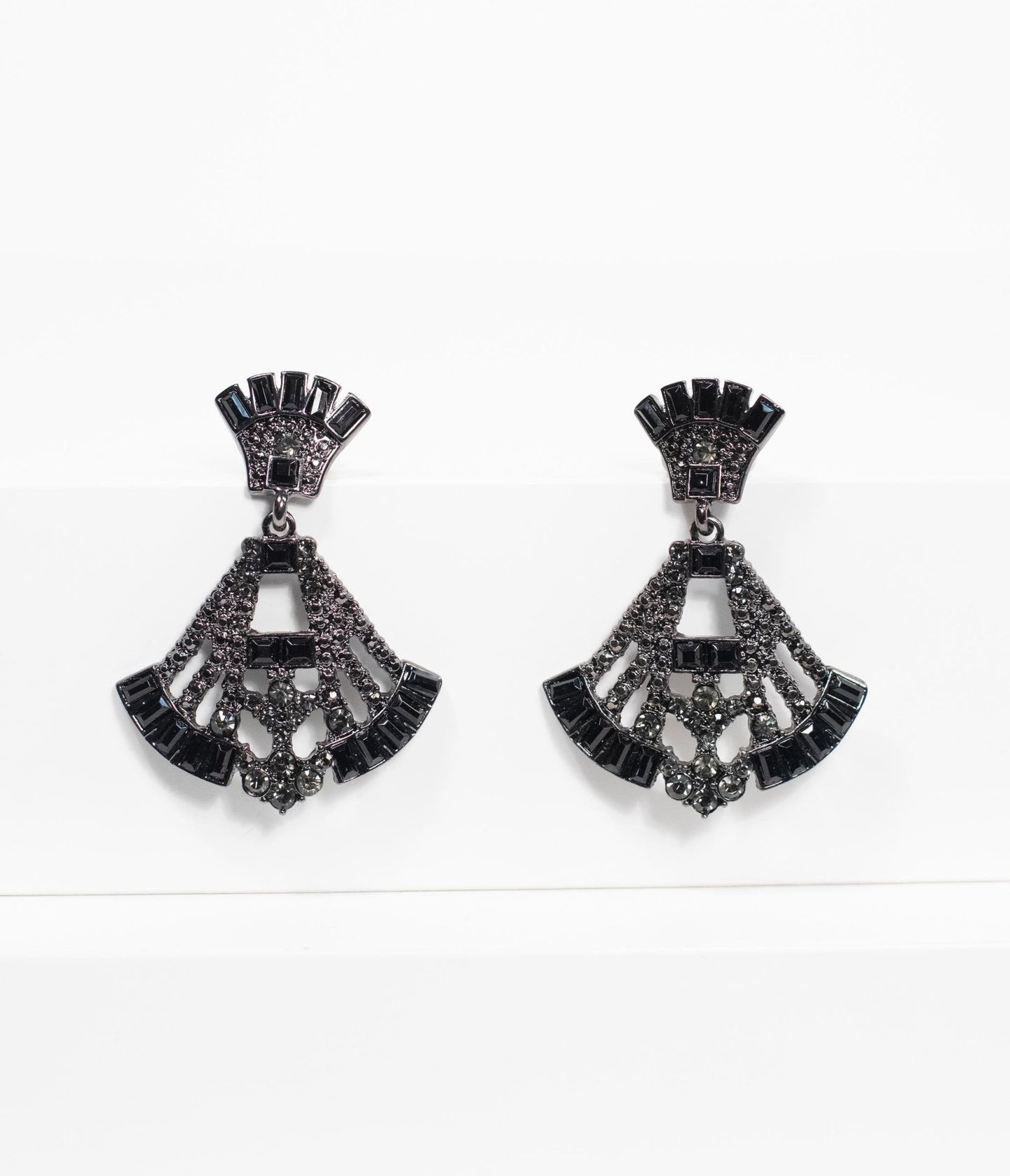 Deco Style Black Rhinestone Drop Fan Earrings - Unique Vintage - Womens, ACCESSORIES, JEWELRY