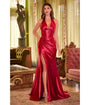Cinderella Divine  Deep Red Pleated Satin Halter Corset Evening Gown