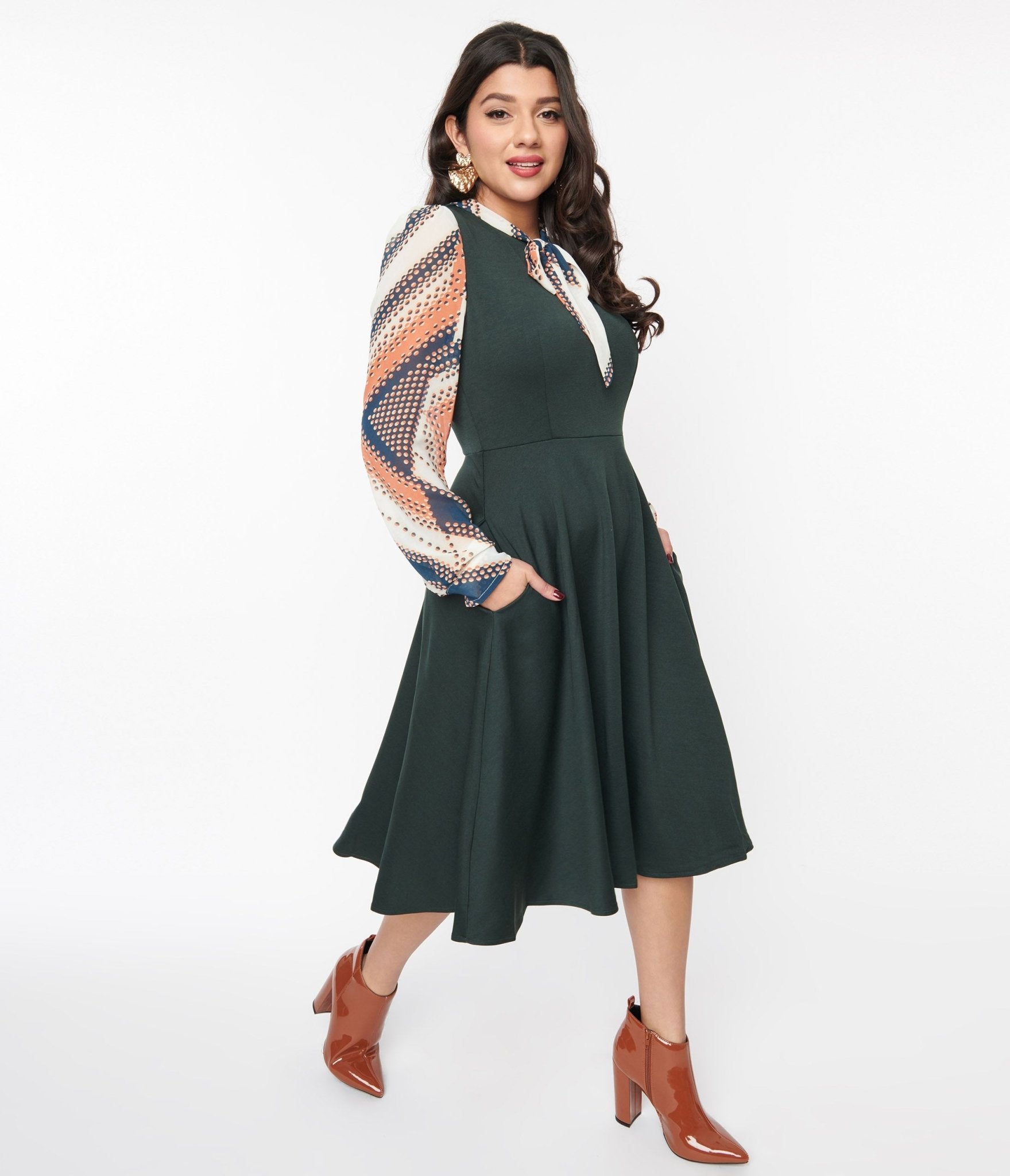 Deep Teal & Multicolor Geometric Swing Dress - Unique Vintage - Womens, DRESSES, FIT AND FLARE