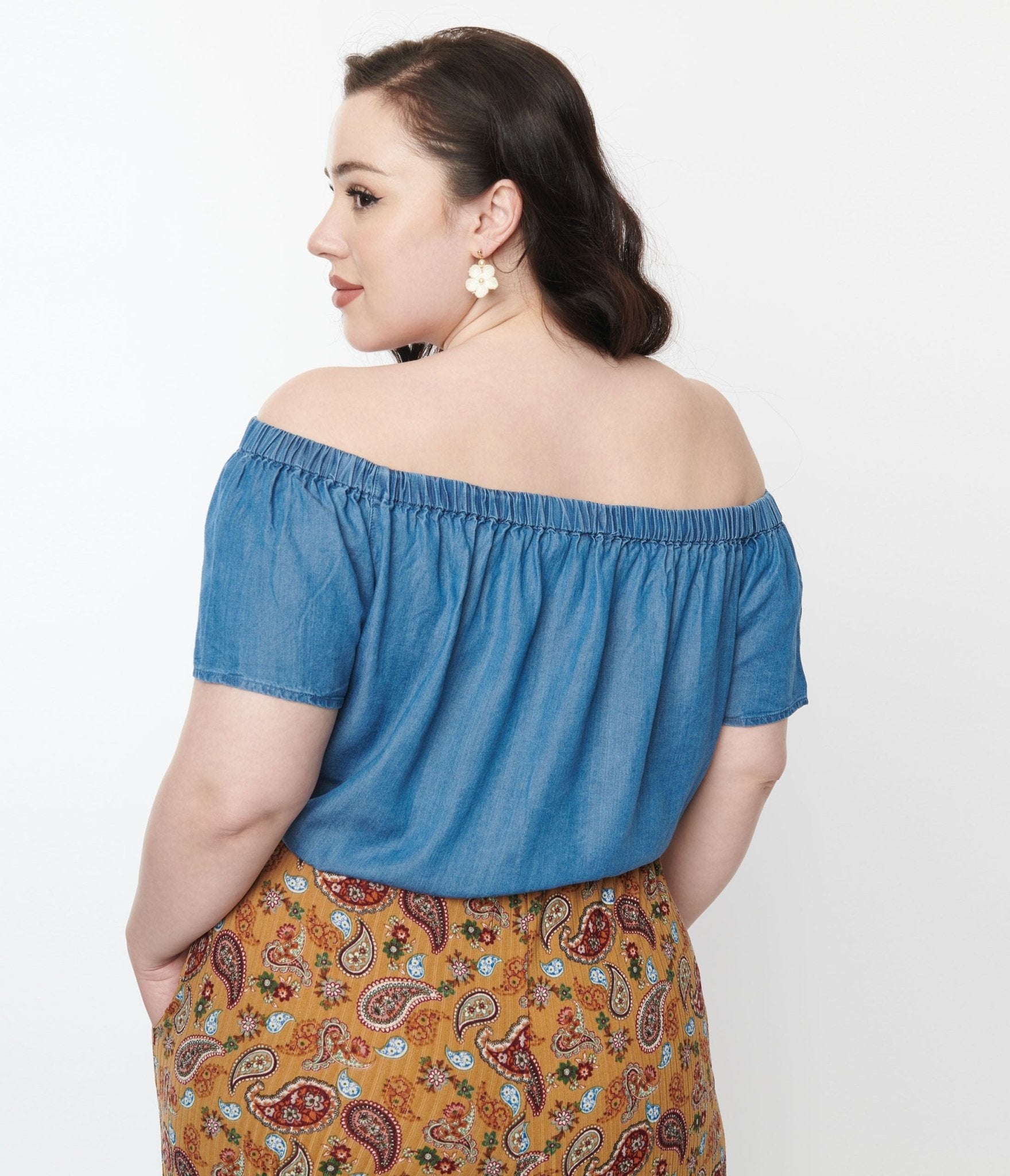 Denim Off The Shoulder Blouse - Unique Vintage - Womens, TOPS, WOVEN TOPS