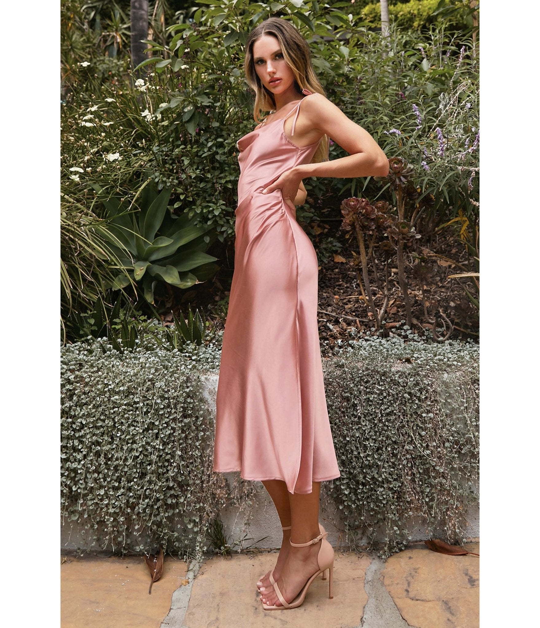Desert Rose Satin Slip Homecoming Midi Dress - Unique Vintage - Womens, DRESSES, PROM AND SPECIAL OCCASION