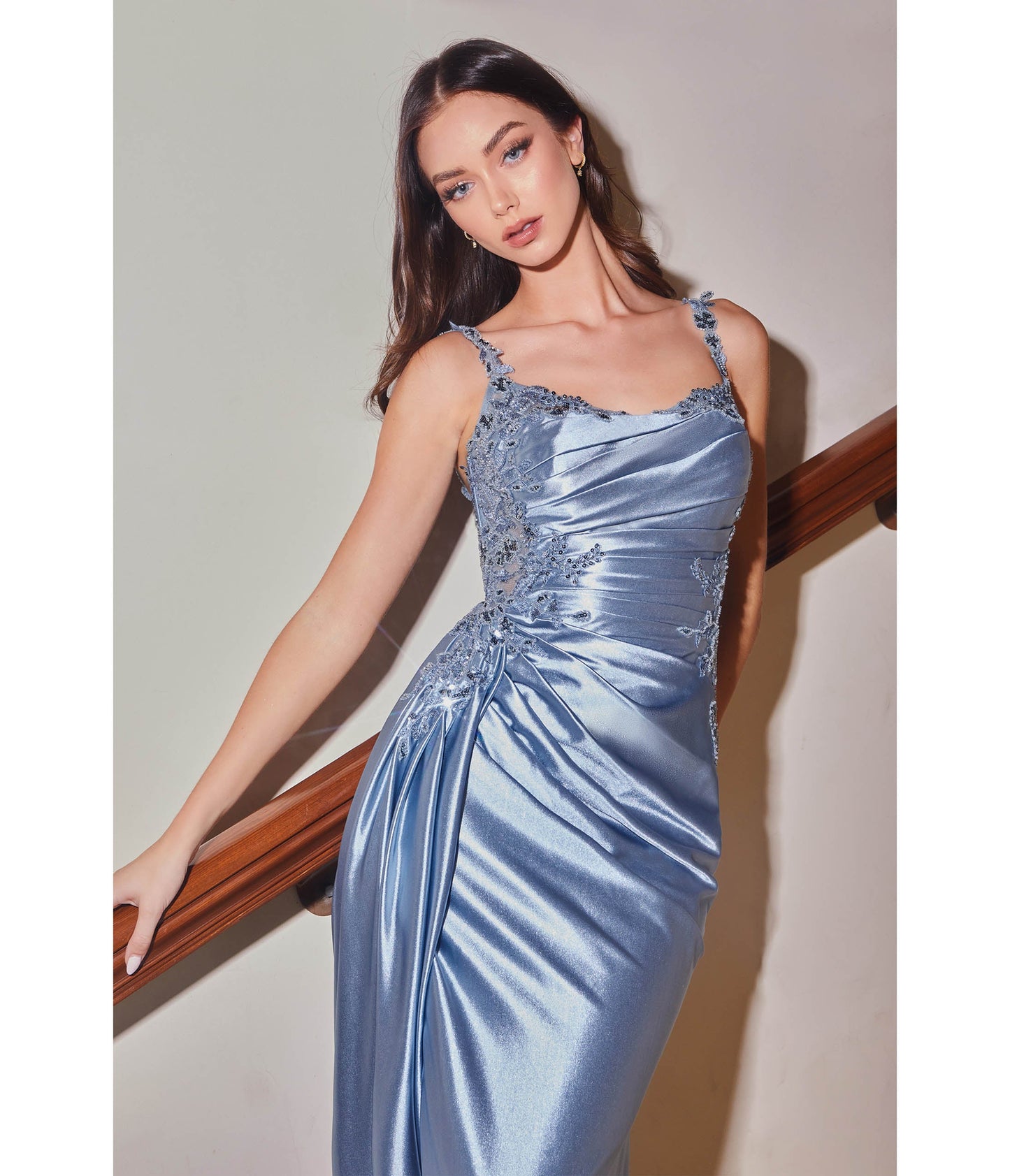 Dusty Blue Sequin Applique & Ruched Satin Evening Gown - Unique Vintage - Womens, DRESSES, PROM AND SPECIAL OCCASION