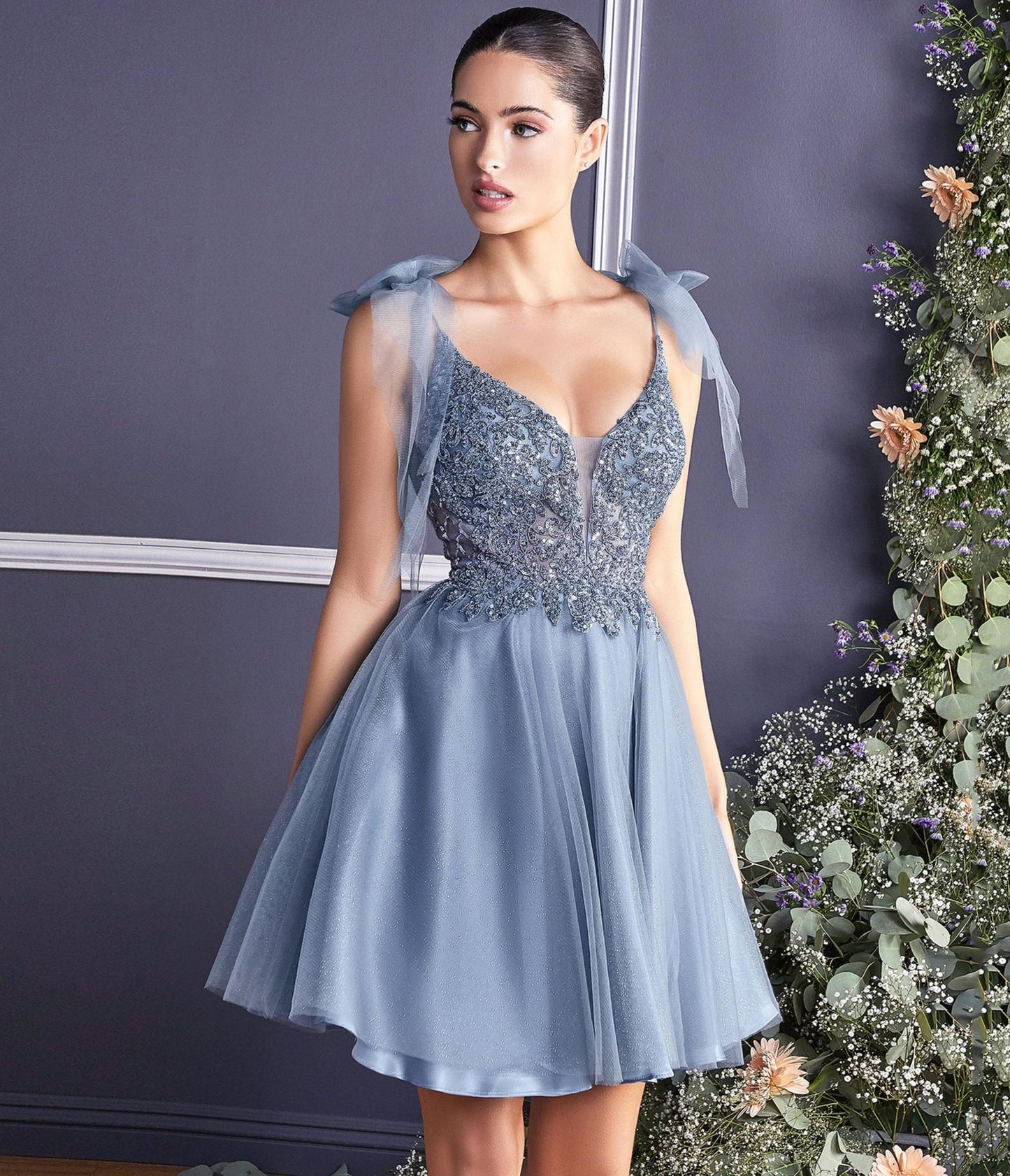 Dusty Blue Shimmer Tulle Flare Prom Dress - Unique Vintage - Womens, DRESSES, PROM AND SPECIAL OCCASION