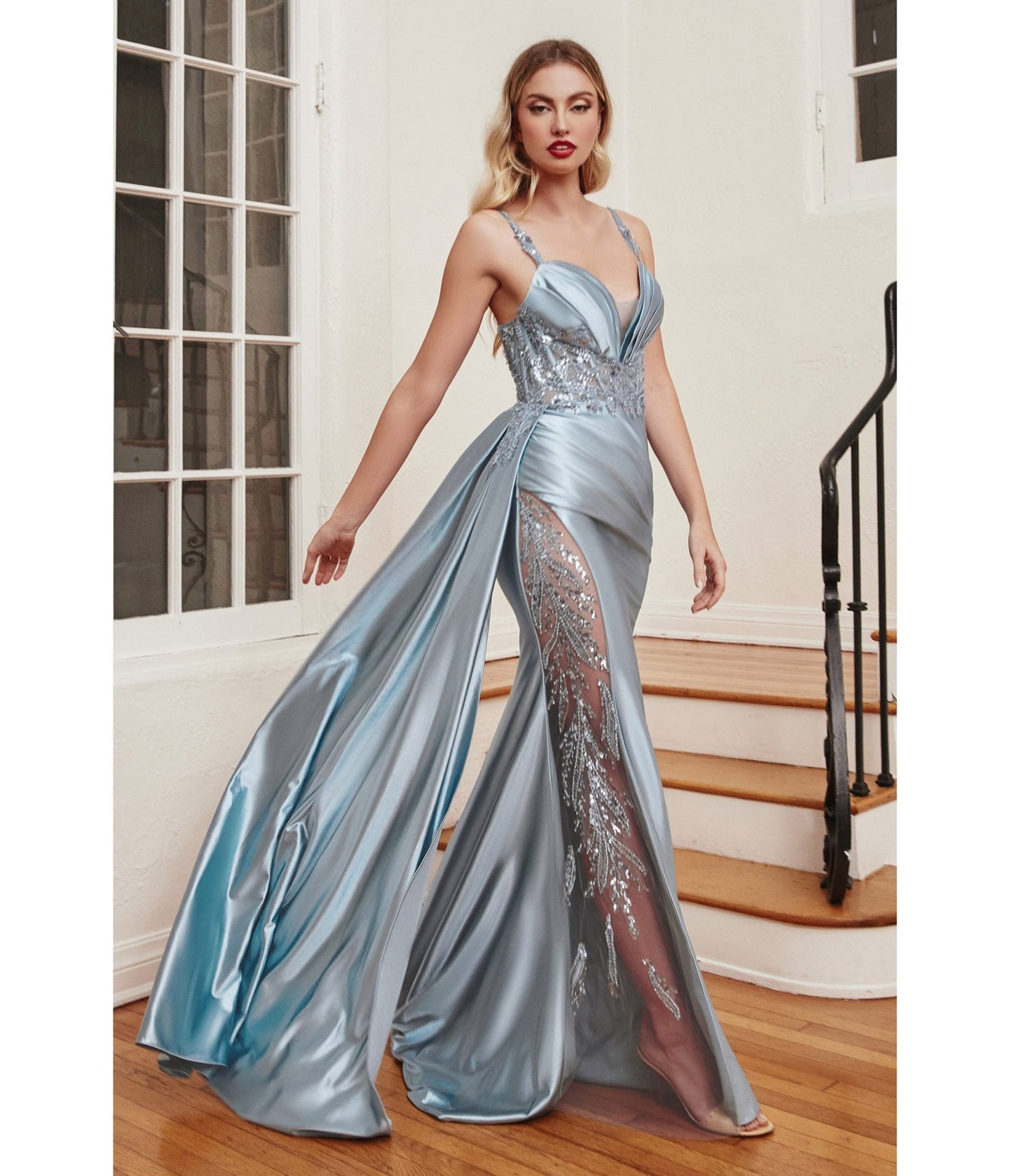 Dusty Blue Soft Satin Sheer Leaves Gown - Unique Vintage - Womens, DRESSES, PROM AND SPECIAL OCCASION
