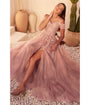 Cinderella Divine  Dusty Mauve Glitter Tulle Off The Shoulder Applique Slit Gown