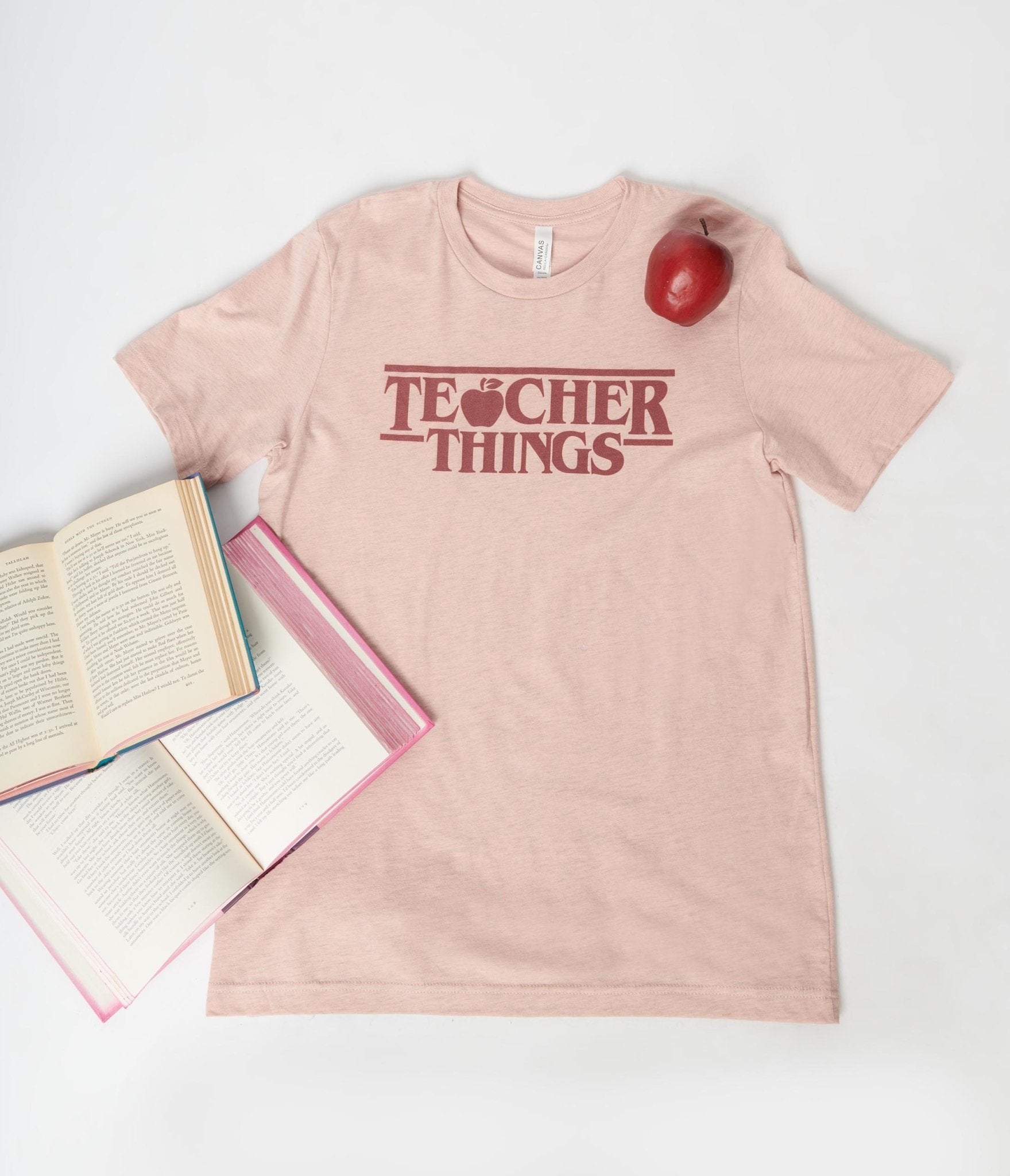 Dusty Pink Teacher Things Fitted Womens Graphic Tee - Unique Vintage - Womens, GRAPHIC TEES, TEES