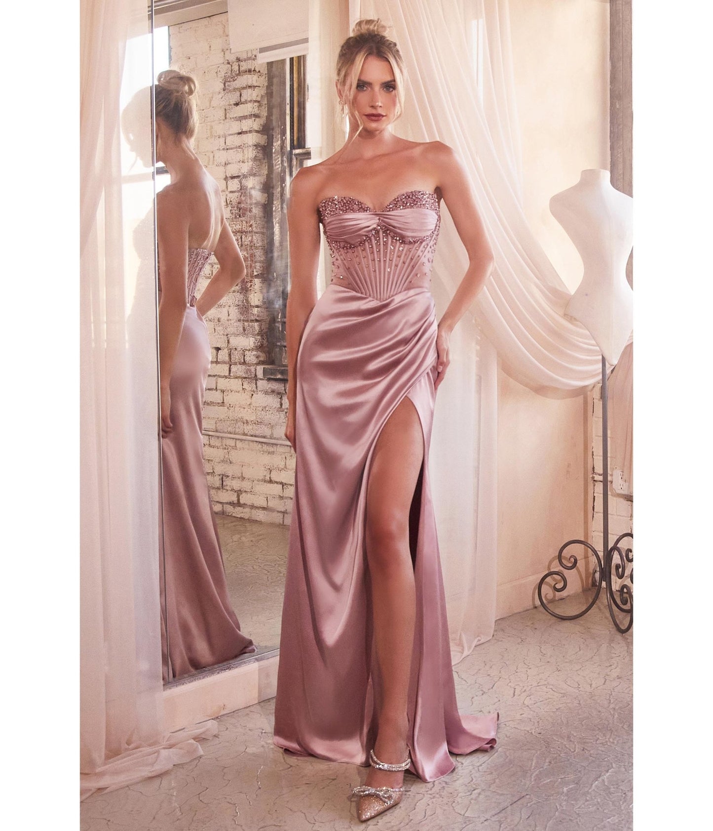 Dusty Rose Beaded Satin Corset Prom Dress - Unique Vintage - Womens, DRESSES, PROM AND SPECIAL OCCASION