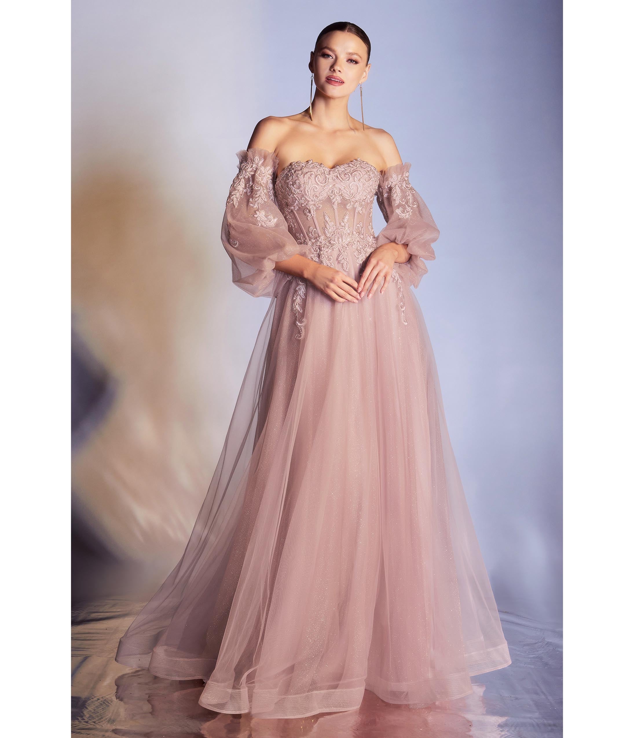 Dusty Rose V-Neck Backless Glitter Tulle Long Formal Dress