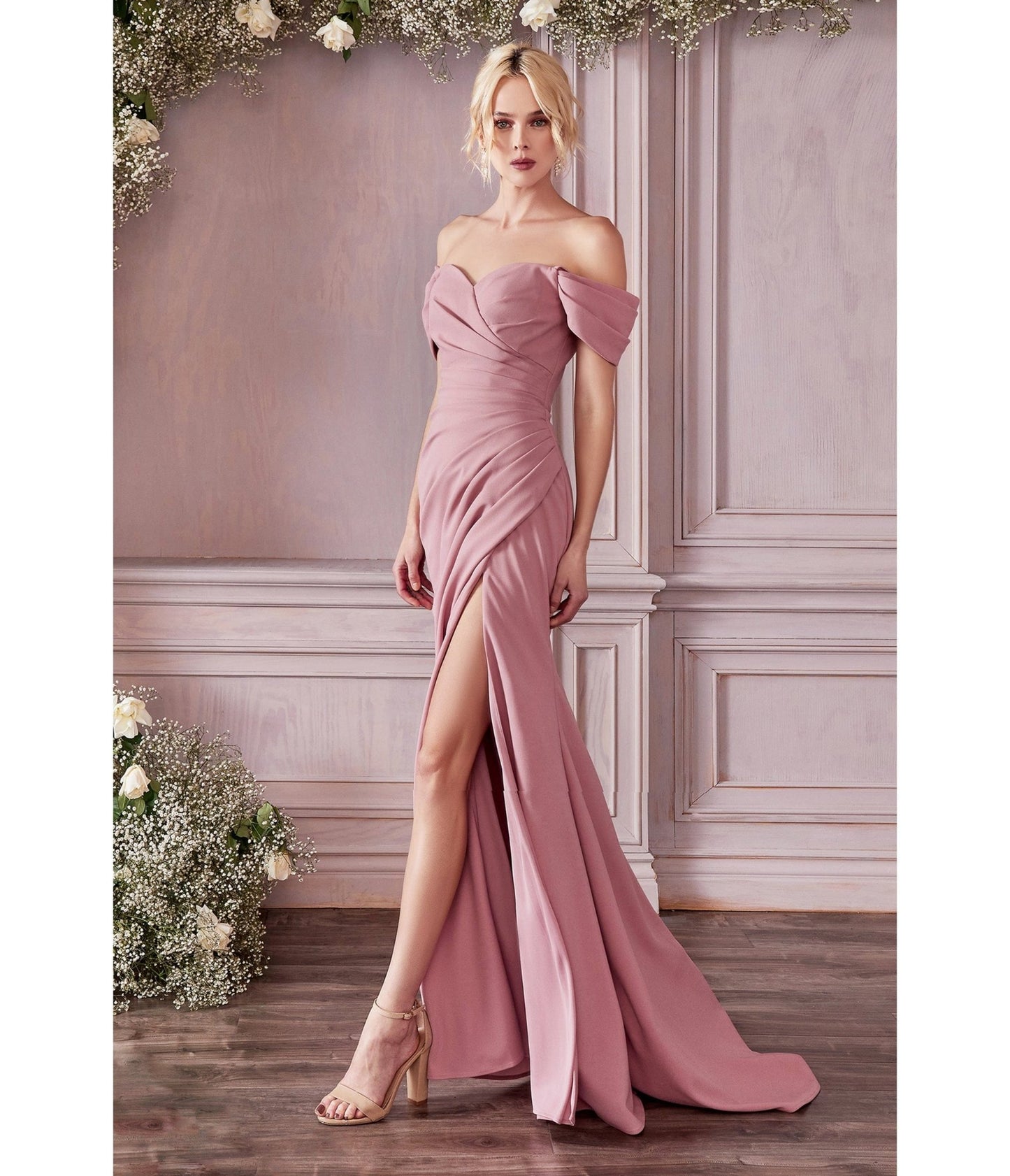 Dusty Rose Regal Off Shoulder Bridesmaid Dress - Unique Vintage - Womens, DRESSES, PROM AND SPECIAL OCCASION