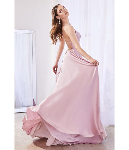 Dusty Rose Satin A-Line Lace Back Bridesmaid Dress - Unique Vintage - Womens, DRESSES, PROM AND SPECIAL OCCASION