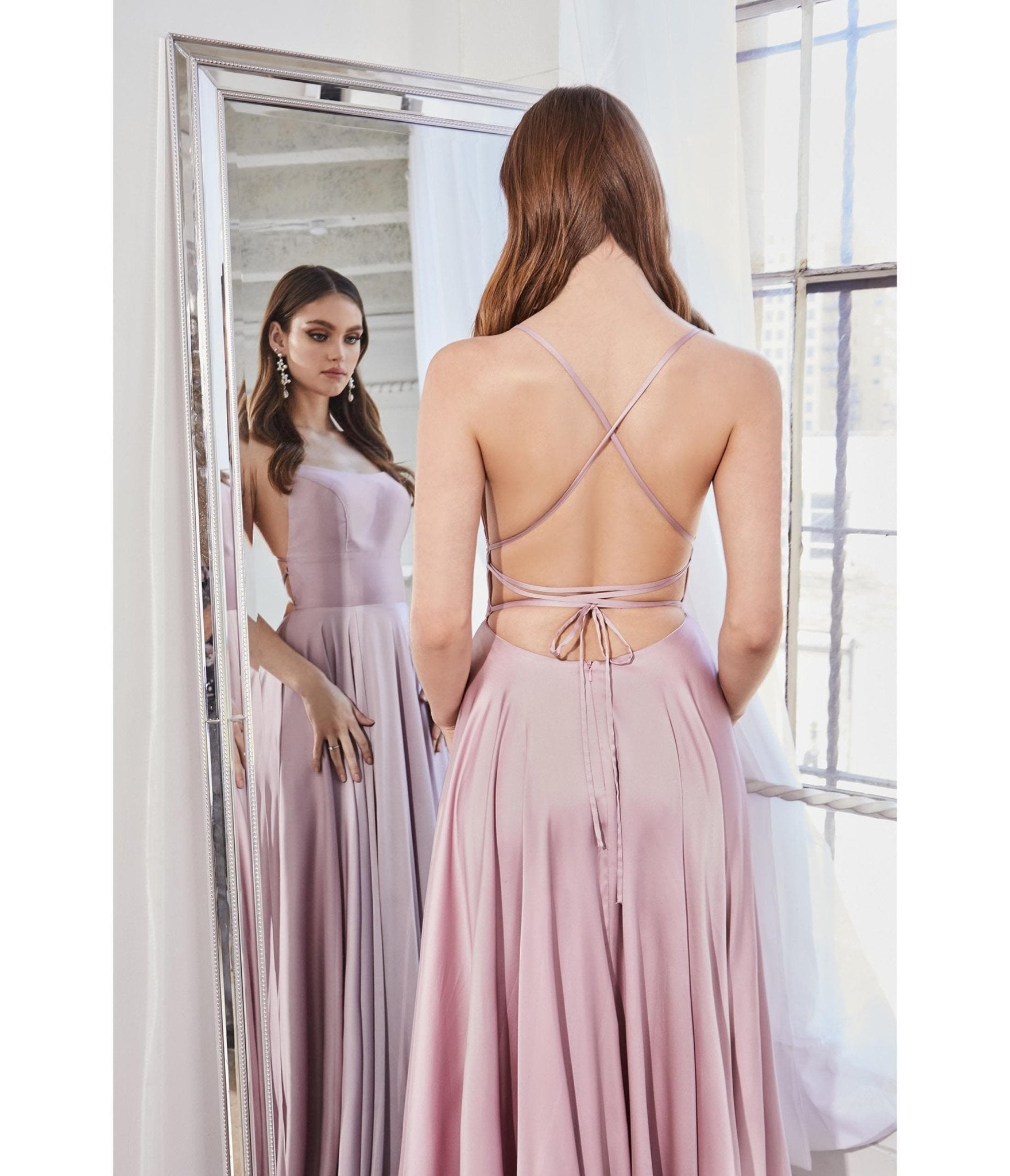Dusty Rose Satin A-Line Lace Back Bridesmaid Dress - Unique Vintage - Womens, DRESSES, PROM AND SPECIAL OCCASION