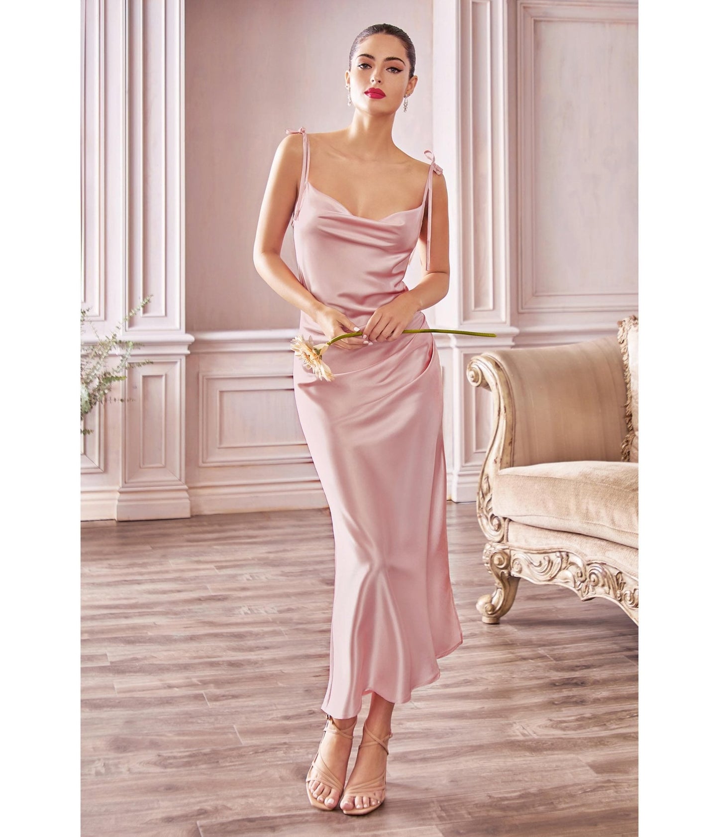 Dusty Rose Satin Slip Homecoming Midi Dress - Unique Vintage - Womens, DRESSES, PROM AND SPECIAL OCCASION