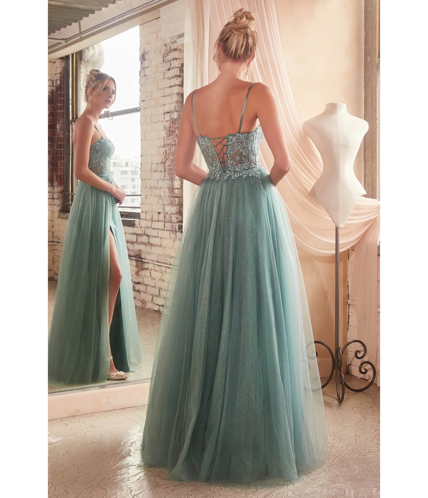 Dusty Teal Foliage Applique Corset Tulle Gown - Unique Vintage - Womens, DRESSES, PROM AND SPECIAL OCCASION