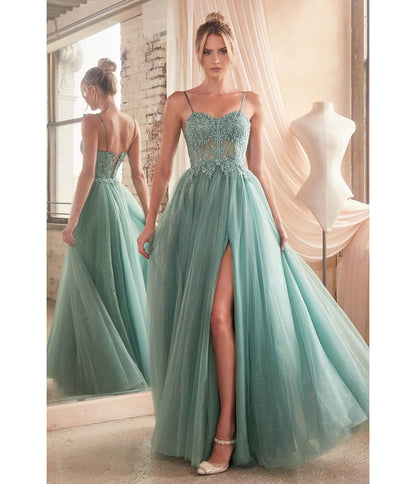 Dusty Teal Foliage Applique Corset Tulle Gown - Unique Vintage - Womens, DRESSES, PROM AND SPECIAL OCCASION