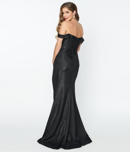 Elegant Black Shimmer Off The Shoulder Dress - Unique Vintage - Womens, DRESSES, PROM AND SPECIAL OCCASION