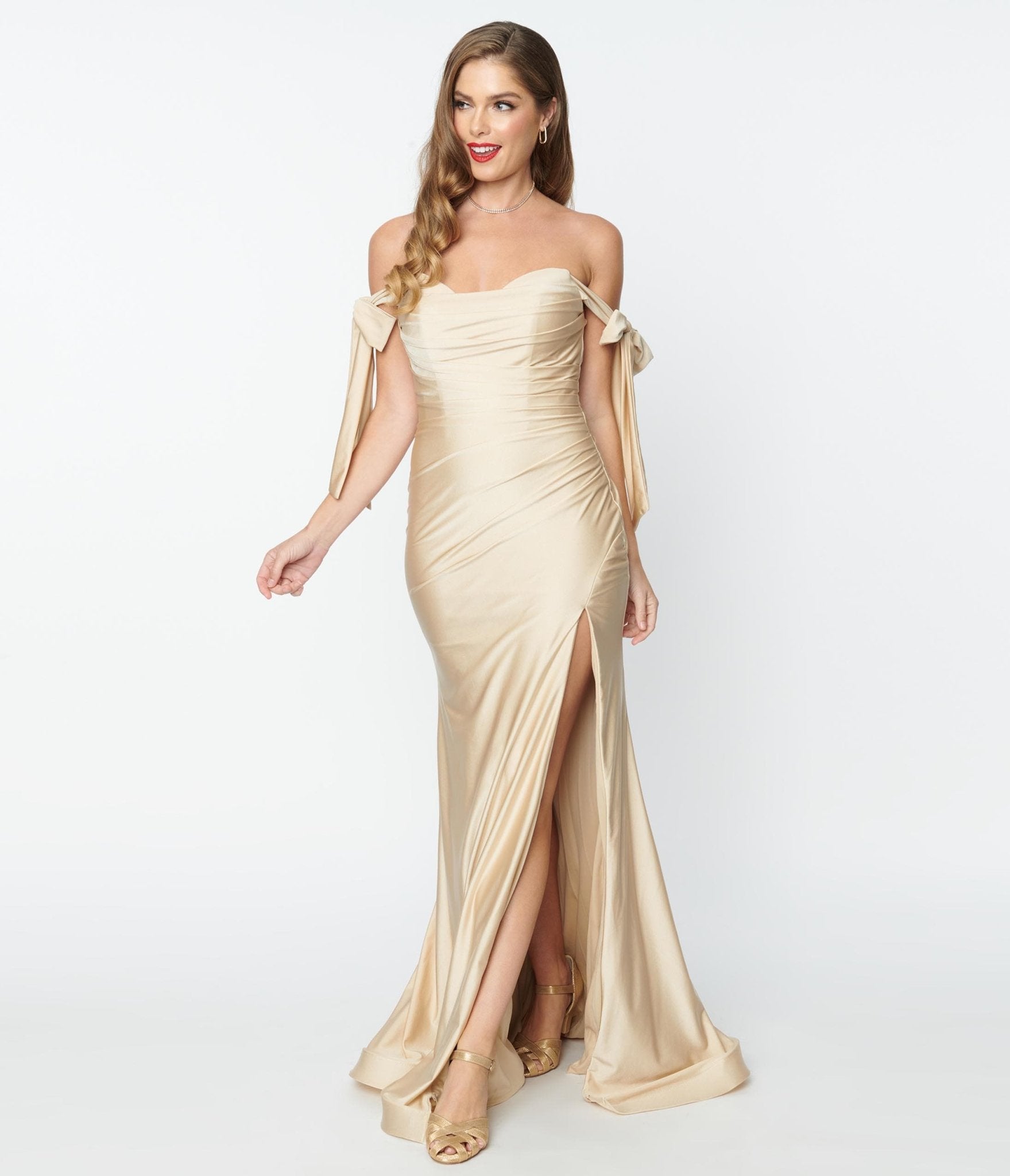 Elegant Champagne Off The Shoulder Tie Dress - Unique Vintage - Womens, DRESSES, PROM AND SPECIAL OCCASION