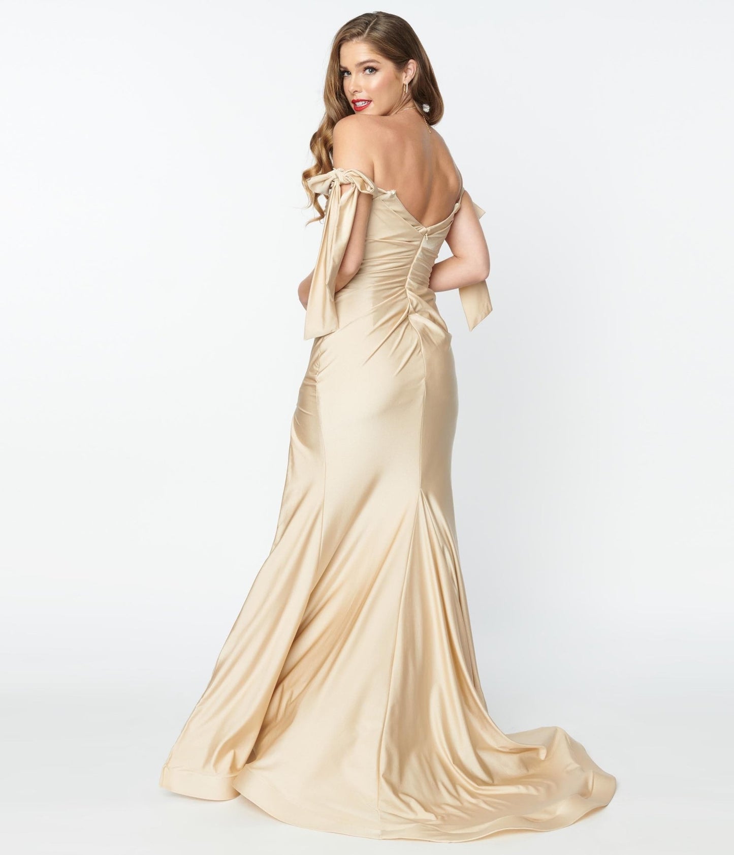 Elegant Champagne Off The Shoulder Tie Dress - Unique Vintage - Womens, DRESSES, PROM AND SPECIAL OCCASION
