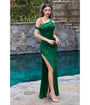 Cinderella Divine  Emerald Asymmetrical Shoulder Satin Bridesmaid Dress