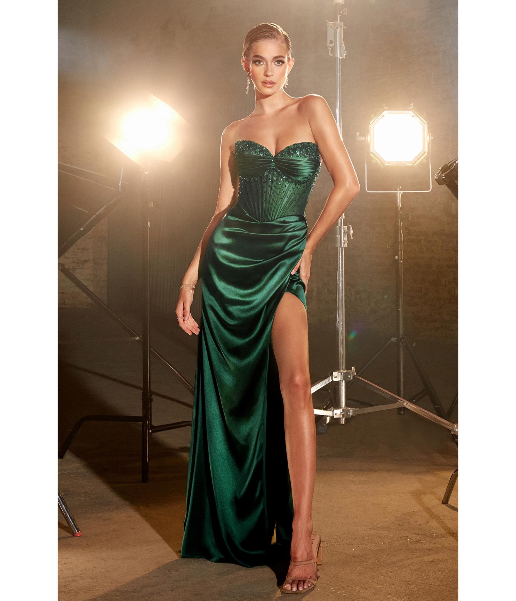 Emerald Beaded Satin Corset Prom Dress - Unique Vintage - Womens, DRESSES, PROM AND SPECIAL OCCASION