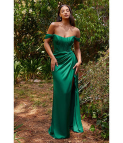 Emerald Divine Satin Corset Off-Shoulder Prom Dress – Unique Vintage