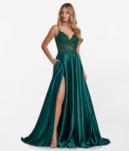 Emerald Floral Lace & Satin Prom Dress - Unique Vintage - Womens, DRESSES, PROM AND SPECIAL OCCASION
