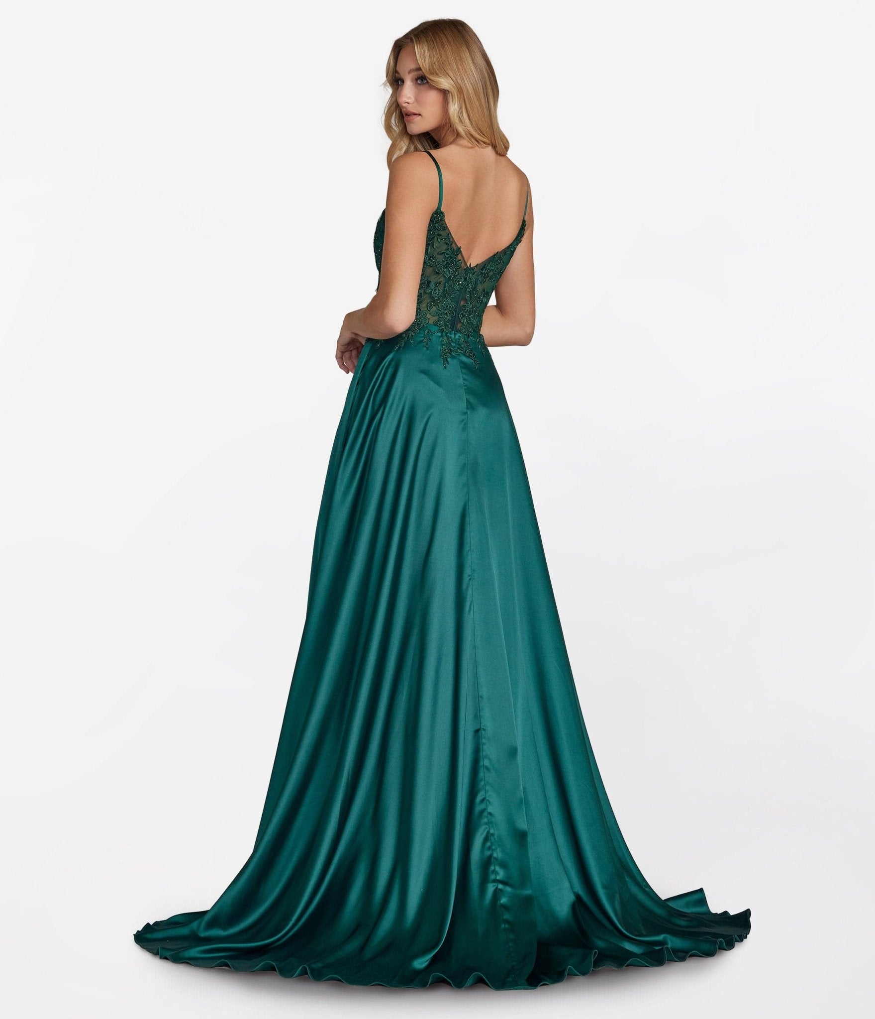 Emerald Floral Lace & Satin Prom Dress - Unique Vintage - Womens, DRESSES, PROM AND SPECIAL OCCASION