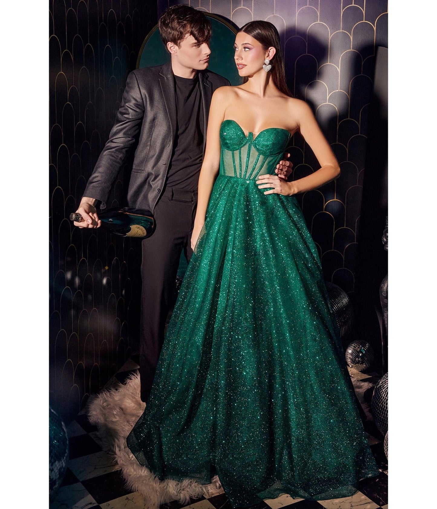 Emerald Glitter Strapless Corset Prom Gown - Unique Vintage - Womens, DRESSES, PROM AND SPECIAL OCCASION