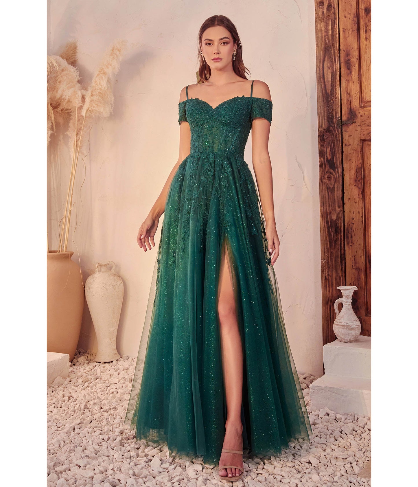 Emerald Glitter Tulle Off The Shoulder Applique Slit Gown - Unique Vintage - Womens, DRESSES, PROM AND SPECIAL OCCASION