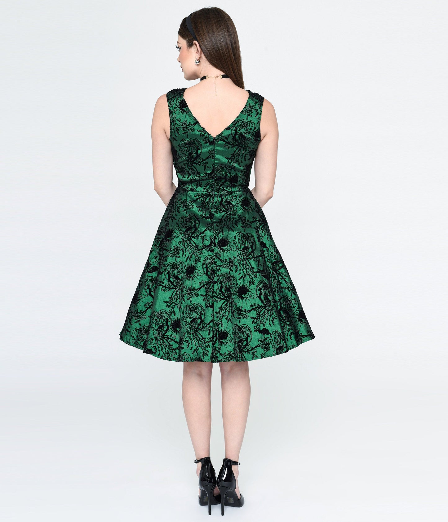 Emerald Green & Black Peacock Deco Print Eileen Flare Dress - Unique Vintage - Womens, DRESSES, FIT AND FLARE