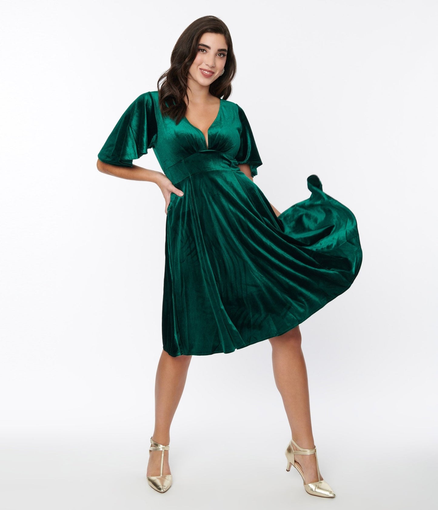 Emerald Green Velvet Flutter Sleeve Swing Dress - Unique Vintage - Womens, DRESSES, SWING